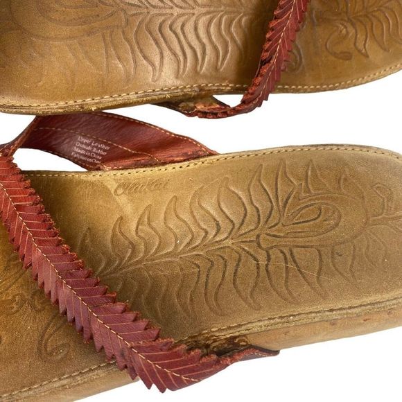 Olukai Leather Sandals Women's 10 US Kahili Tan Red Thong Slip On Slides 41 EUR - Picture 7 of 9
